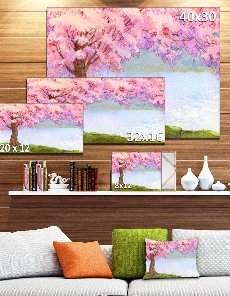 DesignQ Flowering Pink Tree By Lake - Floral Canvas Art Print