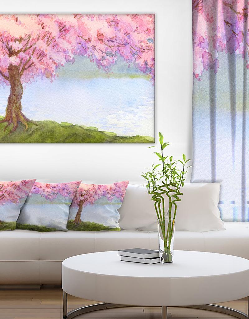 DesignQ Flowering Pink Tree by Lake - Floral Canvas Art Print