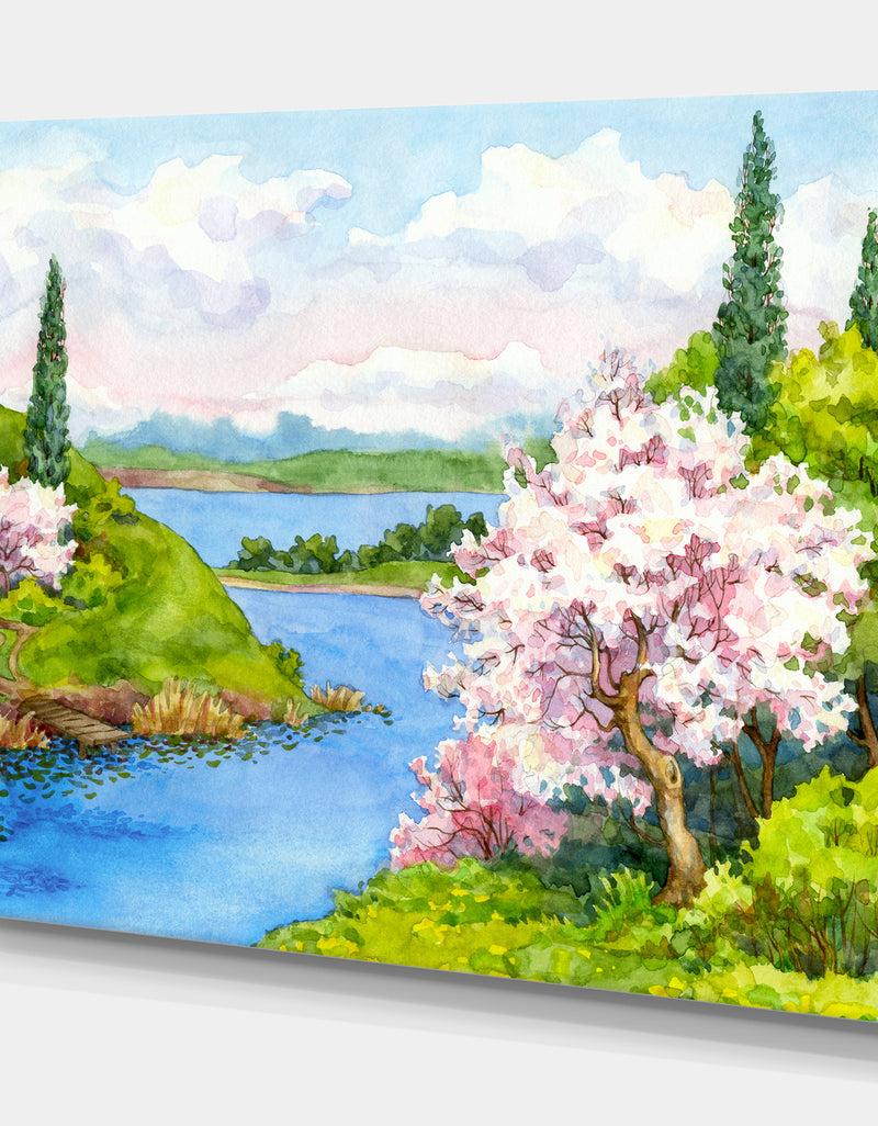 DesignQ Flowering Trees In Winding River - Landscapes Painting Print On Wrapped Canvas