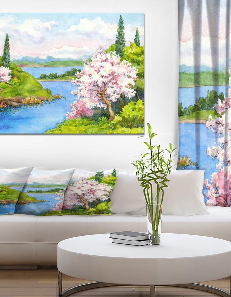 DesignQ Flowering Trees in Winding River - Landscapes Painting Print on Wrapped Canvas