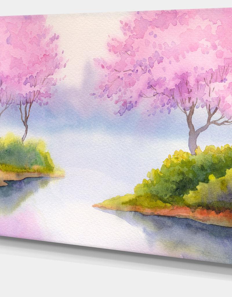 DesignQ Flowering Trees Over River - Landscape Canvas Print