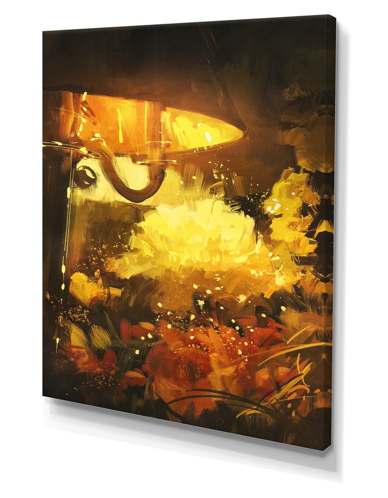 DesignQ Flowers And Lamp Glowing Orange - Cottage Canvas Wall Art