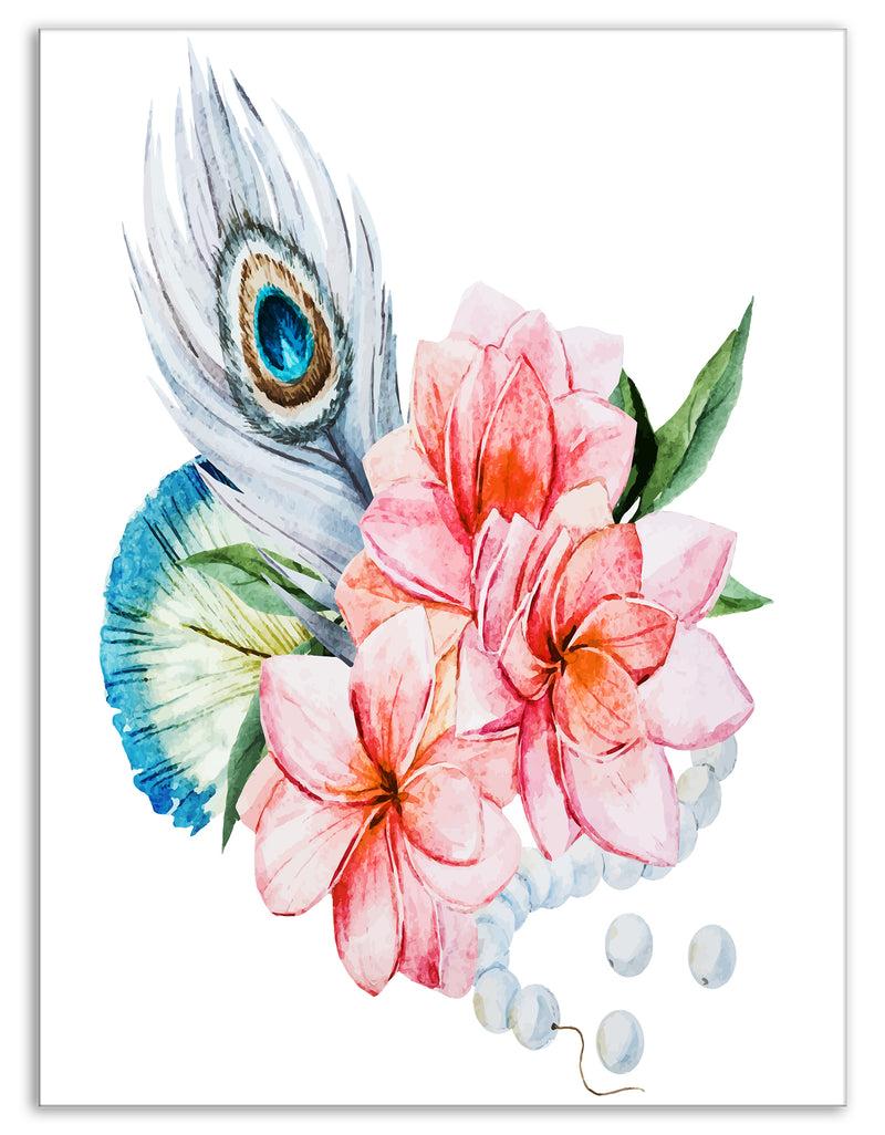 DesignQ Flowers And Peacock Feather - Floral Canvas Art Print