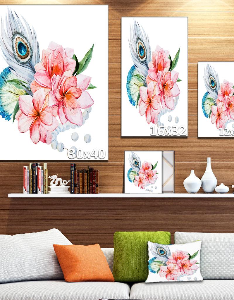 DesignQ Flowers And Peacock Feather - Floral Canvas Art Print