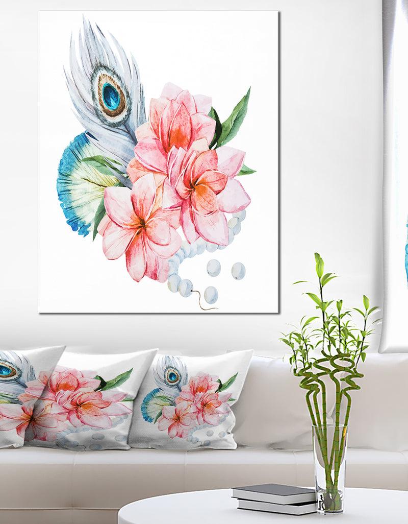 DesignQ Flowers and Peacock Feather - Floral Canvas Art Print