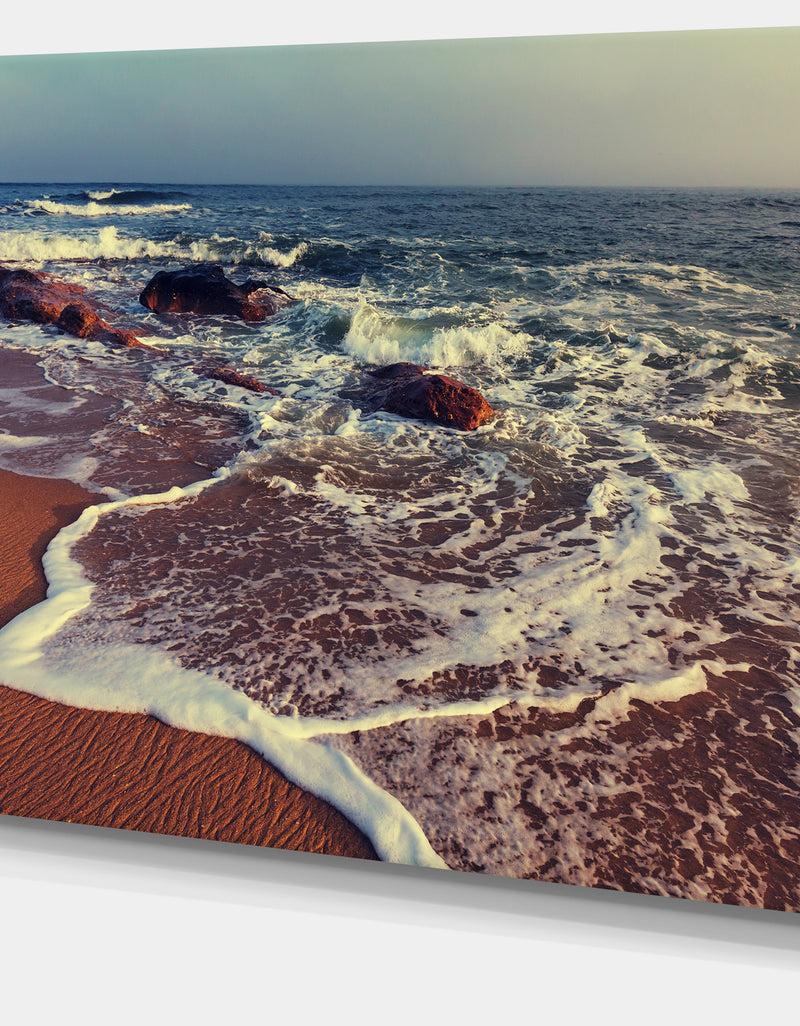 DesignQ Foaming Waves Kissing Wide Beach - Large Seashore Canvas Print