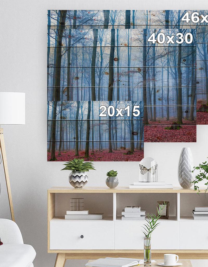 DesignQ Foggy Forest In Blue And Pink Photo - Modern Forest Print On Natural Pine Wood