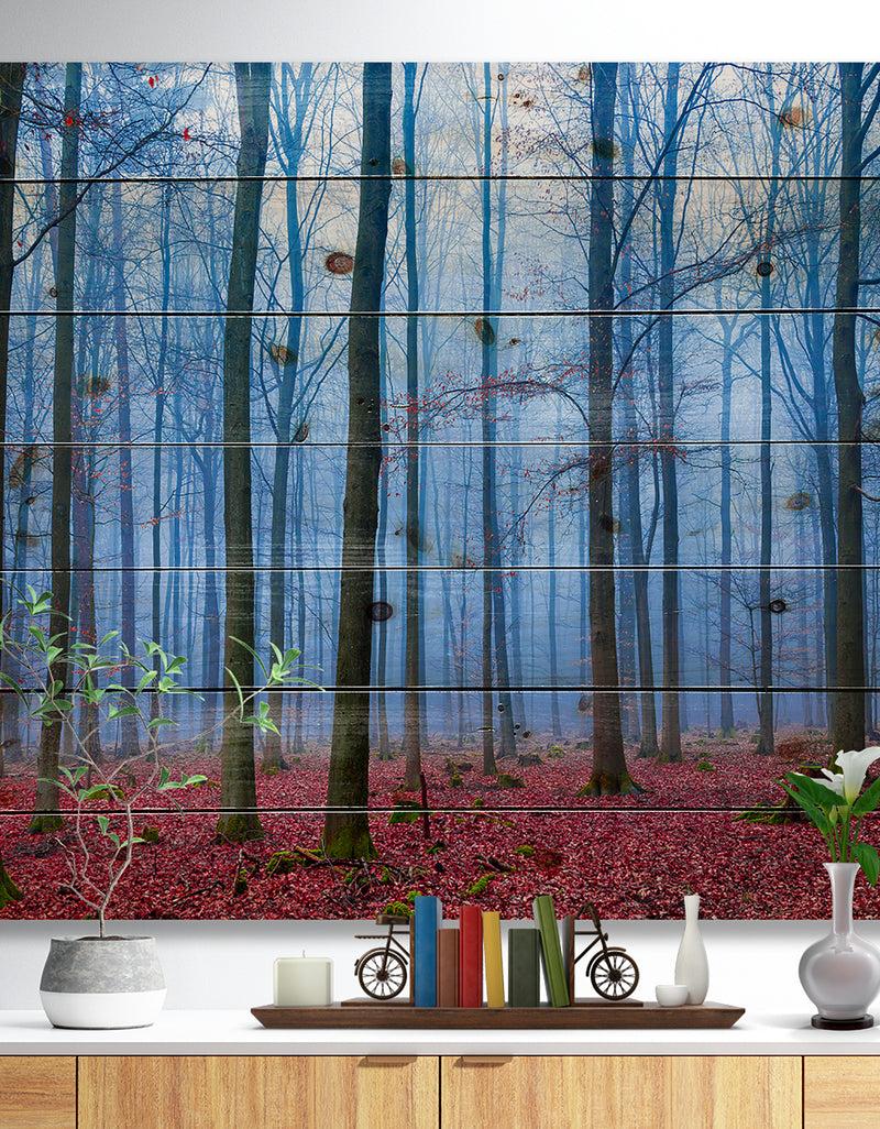DesignQ Foggy Forest in Blue and Pink Photo - Modern Forest Print on Natural Pine Wood