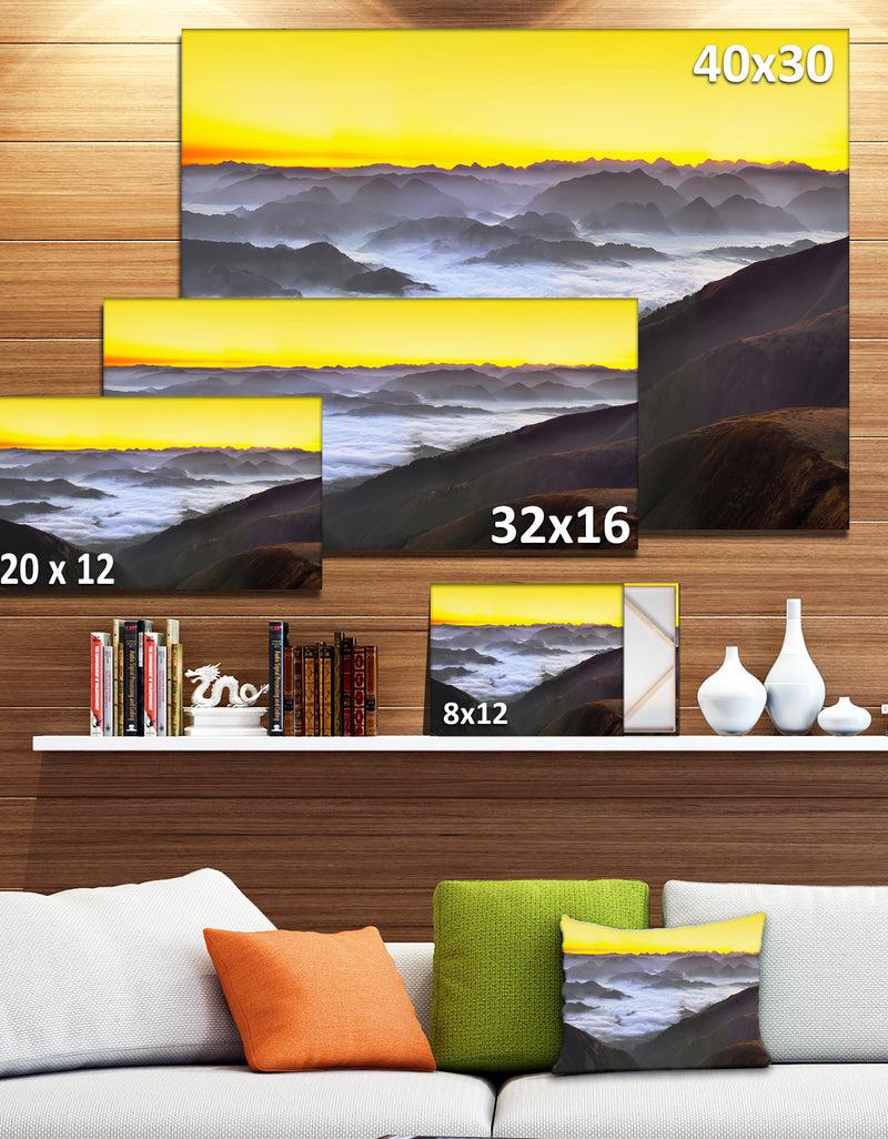 DesignQ Foggy Sunrise Over Mountains - Landscape Wall Art Canvas Print