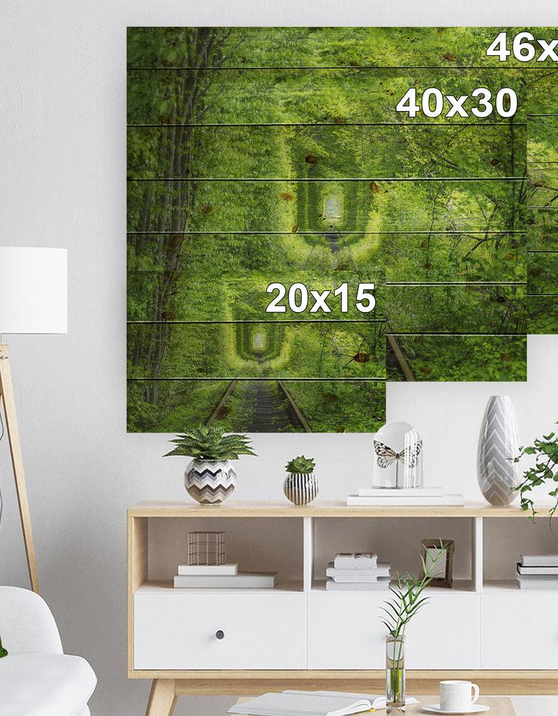 DesignQ Forest Around Rail Way Tunnel - Landscape Print On Natural Pine Wood