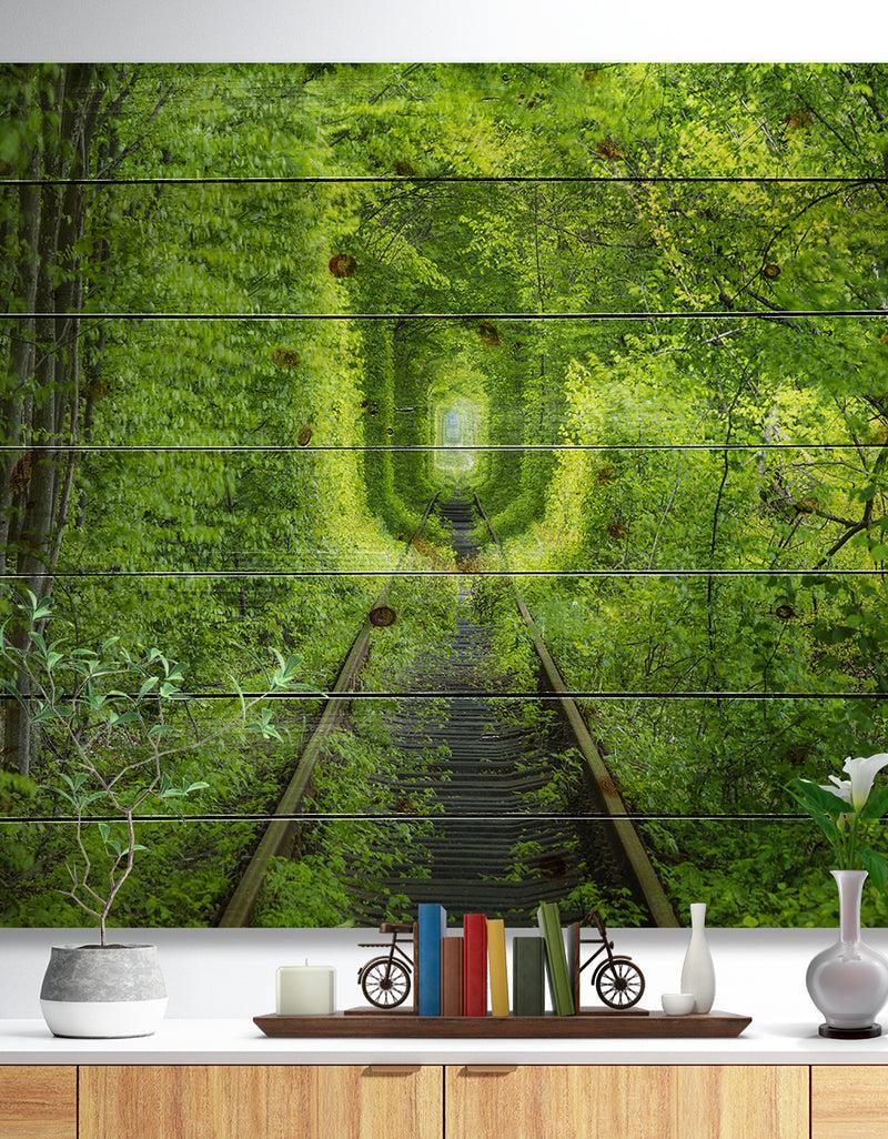 DesignQ Forest around Rail Way Tunnel - Landscape Print on Natural Pine Wood