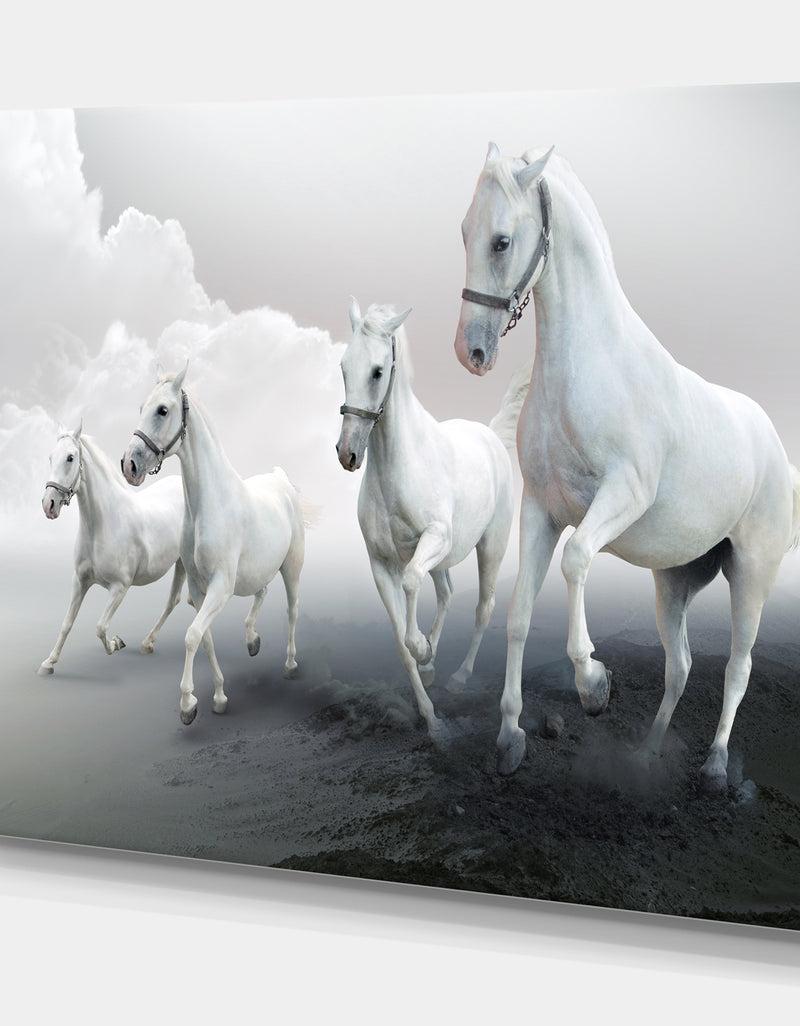 DesignQ Four White Horses In Cloudy Day - Farmhouse Animals Photographic On Wrapped Canvas