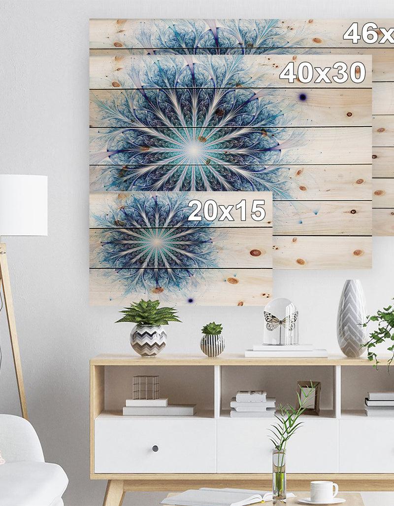 DesignQ Fractal Flower Light Blue Digital Art - Flower Print On Natural Pine Wood