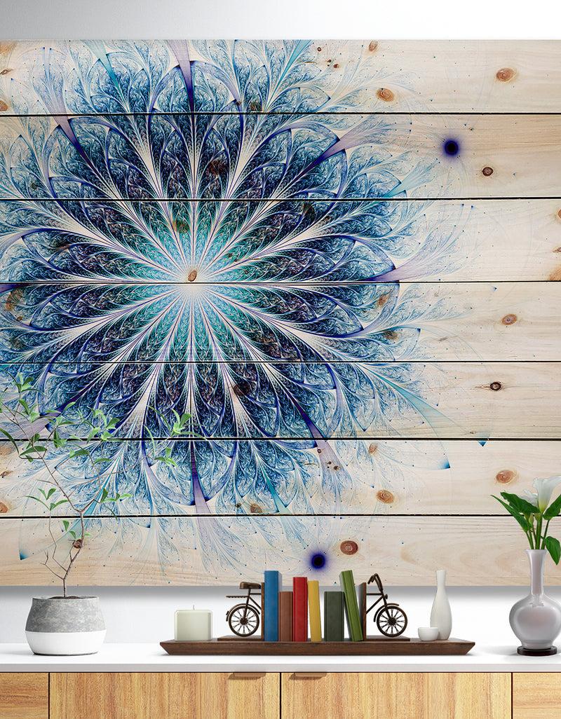 DesignQ Fractal Flower Light Blue Digital Art - Flower Print on Natural Pine Wood