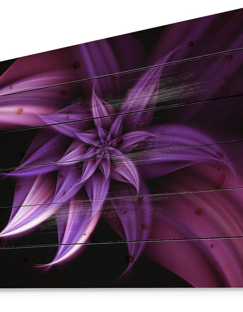 DesignQ Fractal Flower Purple - Floral Art Print On Natural Pine Wood