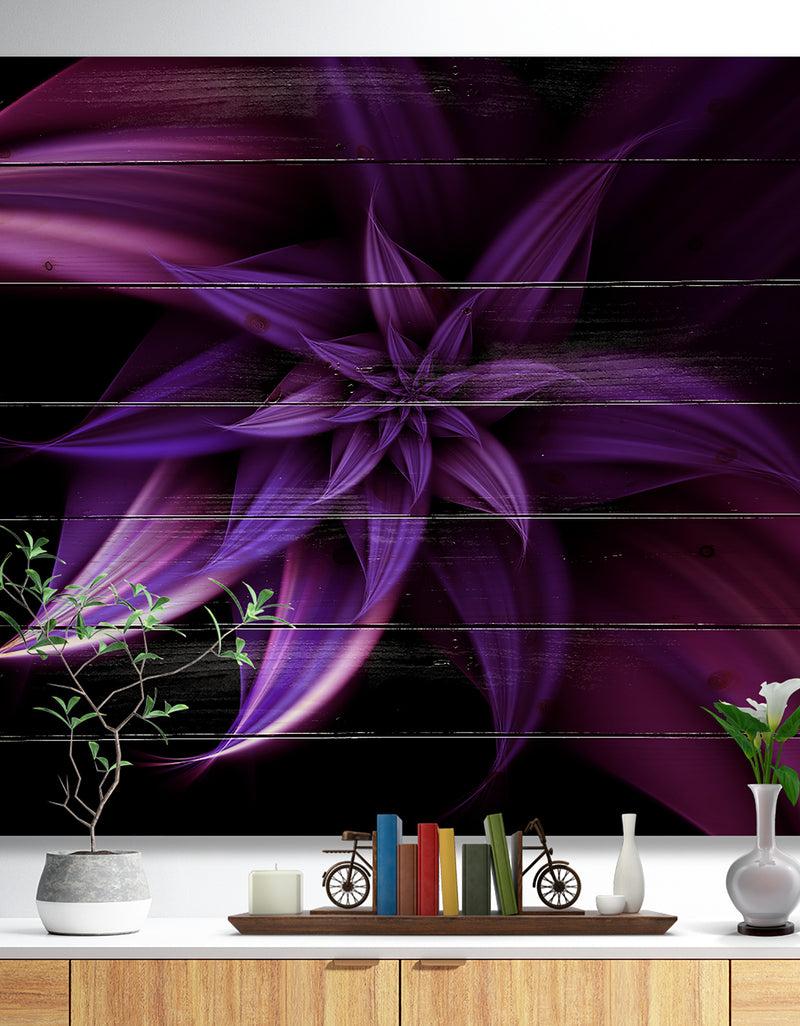 DesignQ Fractal Flower Purple - Floral Art Print on Natural Pine Wood