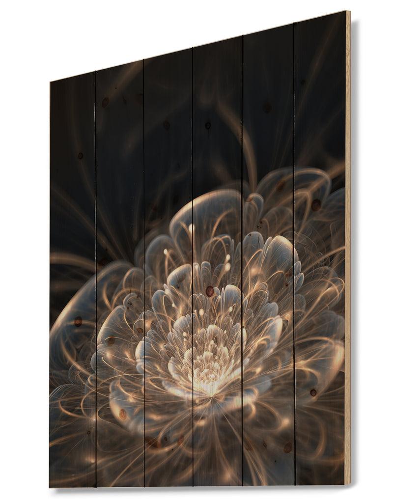 DesignQ Fractal Flower With Golden Rays - Floral Art Print On Natural Pine Wood