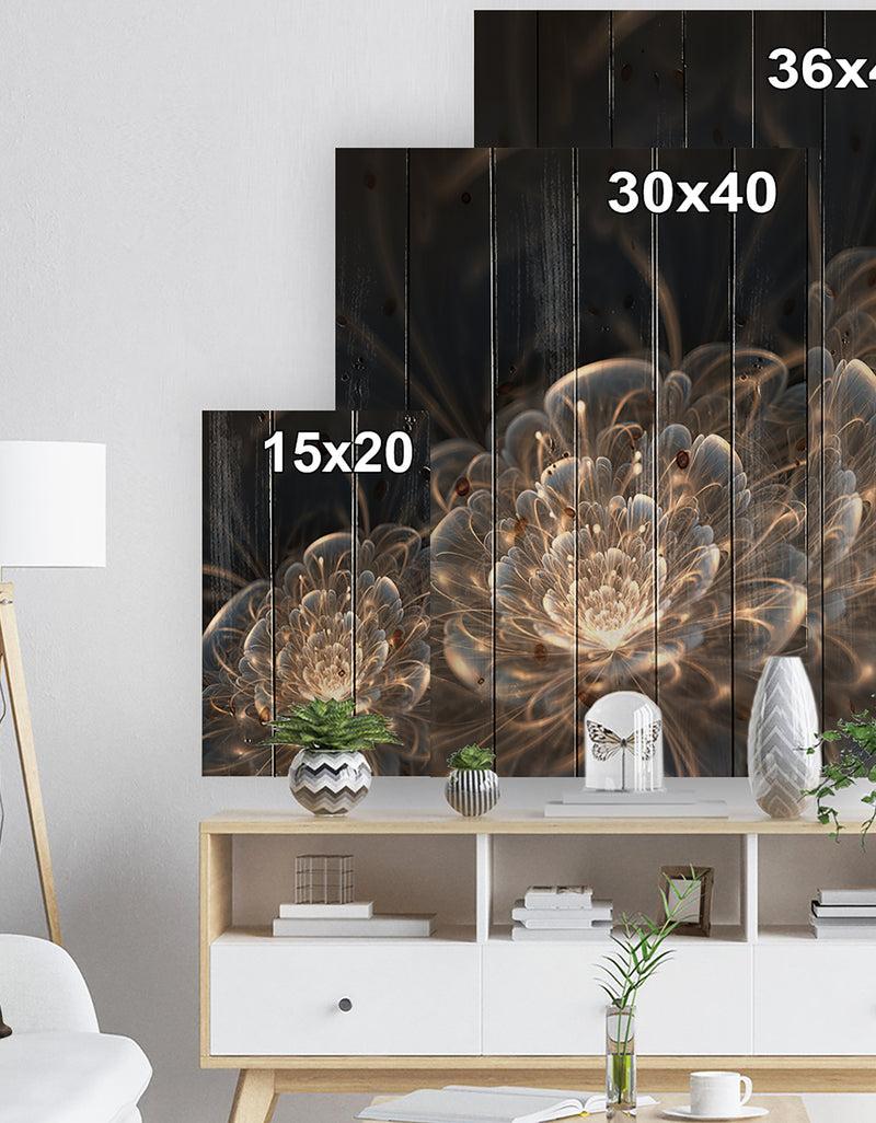 DesignQ Fractal Flower With Golden Rays - Floral Art Print On Natural Pine Wood