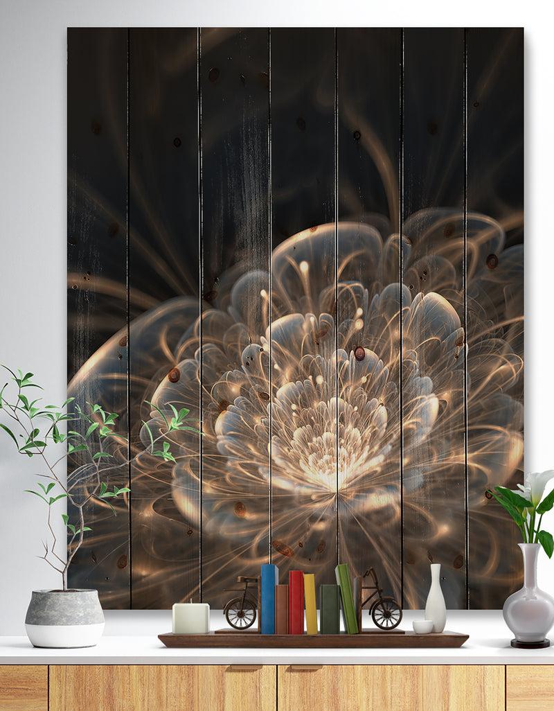 DesignQ Fractal Flower with Golden Rays - Floral Art Print on Natural Pine Wood