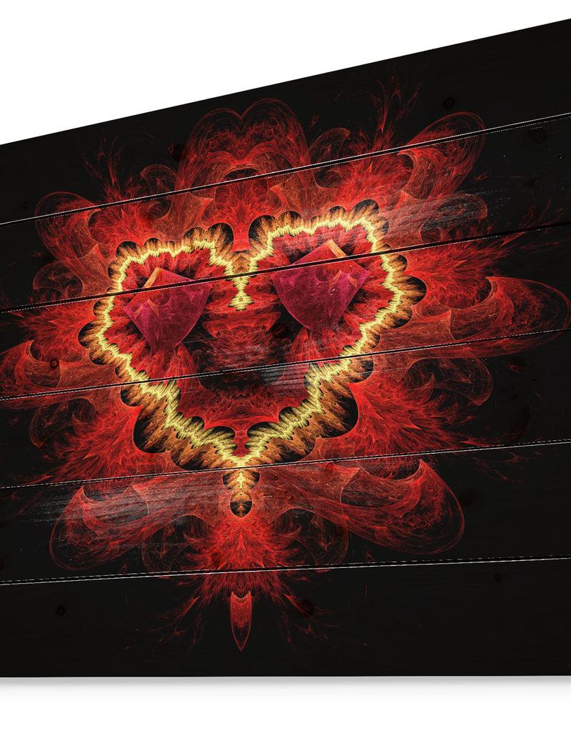 DesignQ Fractal Red Heart Texture - Abstract Print On Natural Pine Wood