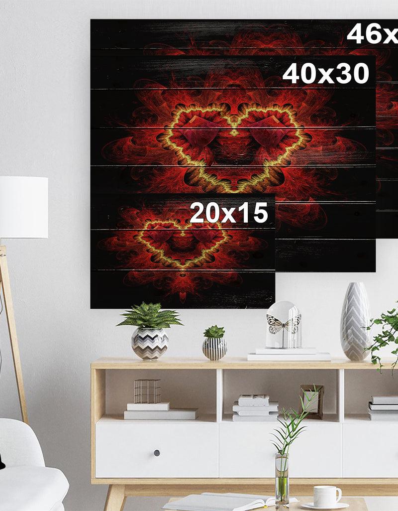 DesignQ Fractal Red Heart Texture - Abstract Print On Natural Pine Wood