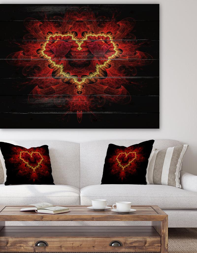 DesignQ Fractal Red Heart Texture - Abstract Print on Natural Pine Wood