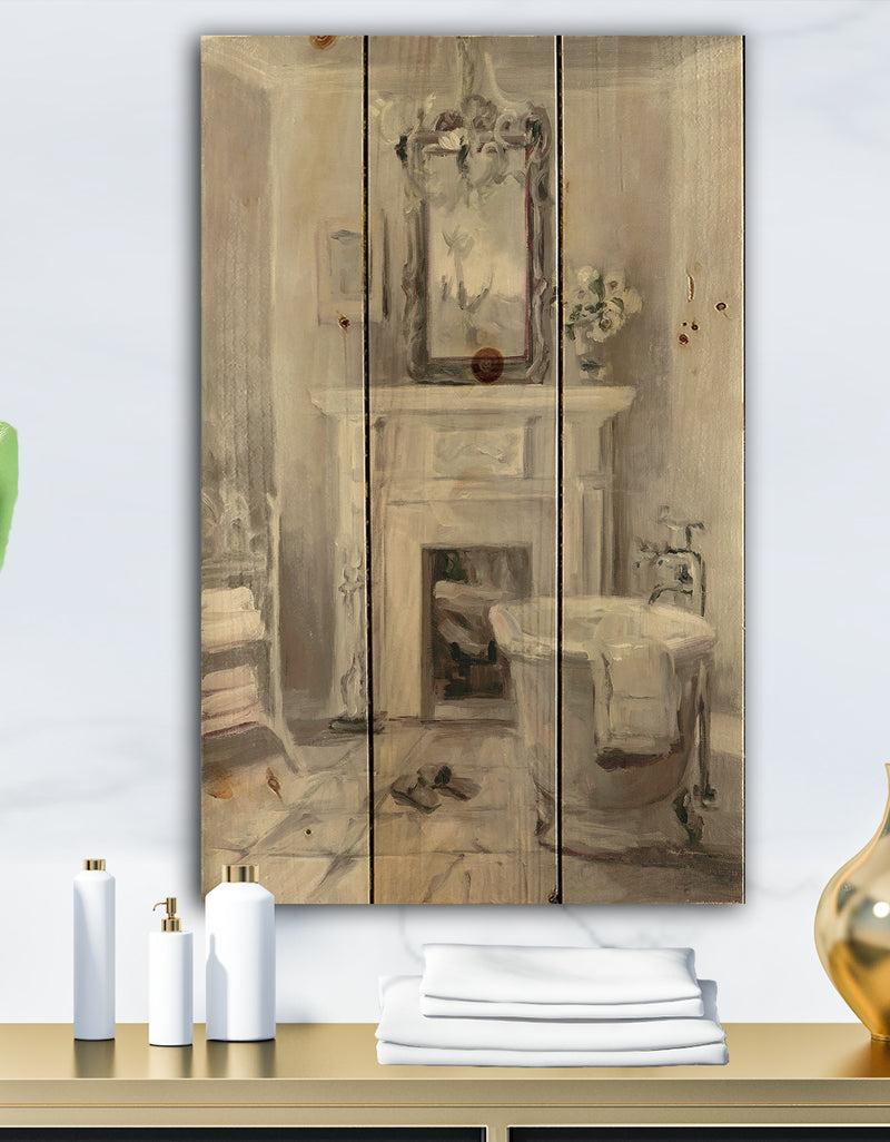 DesignQ French Bathroom Vintage I - Traditional Bathroom Print on Natural Pine Wood