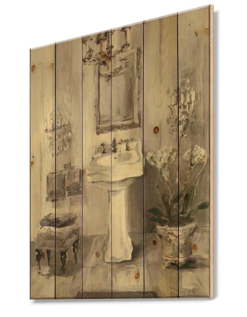 DesignQ French Bathroom Vintage II - Traditional Bathroom Print On Natural Pine Wood
