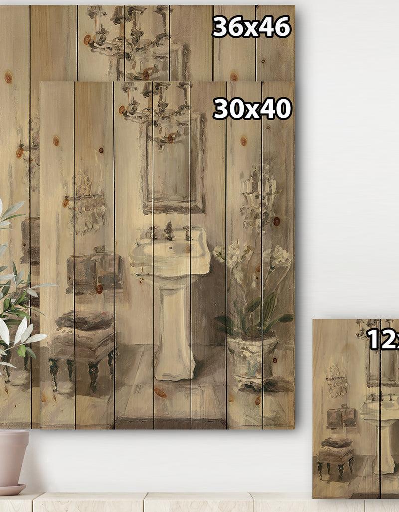 DesignQ French Bathroom Vintage II - Traditional Bathroom Print On Natural Pine Wood