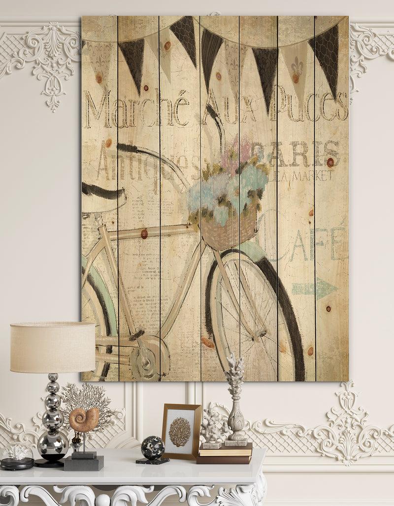 DesignQ French Bicycle Flea Market I - French Country Print on Natural Pine Wood