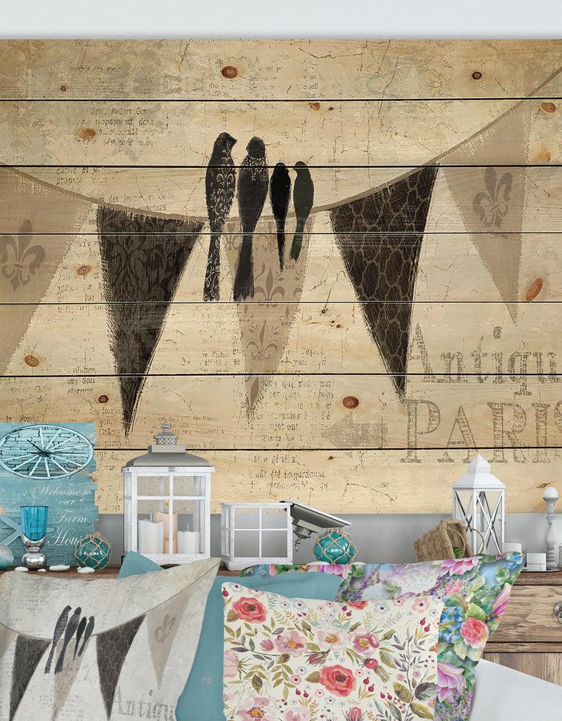 DesignQ French Bird Flea Market - Farmhouse Print on Natural Pine Wood