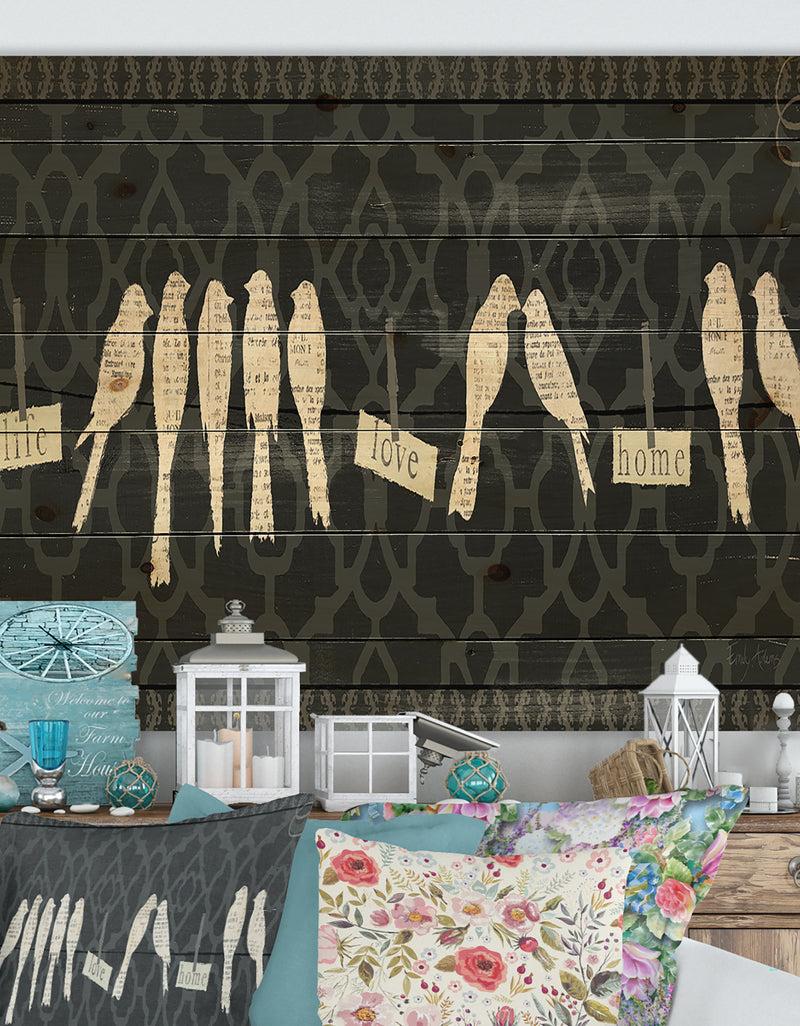 DesignQ French Bird Flea Market II - Farmhouse Print on Natural Pine Wood