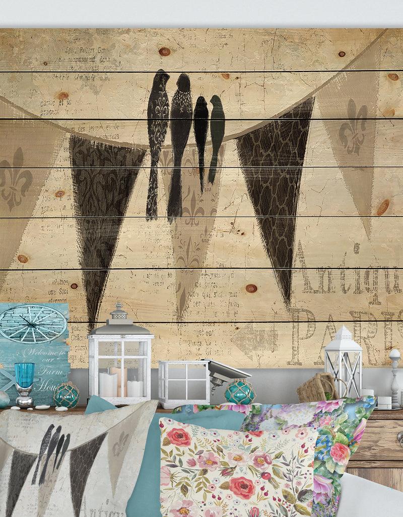 DesignQ French Bird Flea Market III - Farmhouse Print on Natural Pine Wood