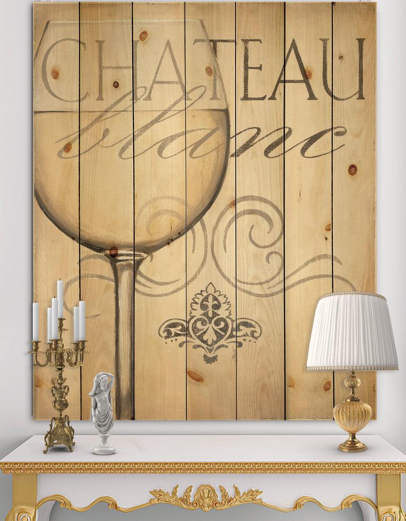DesignQ French Chateau White Wine II - Food and Beverage Print on Natural Pine Wood