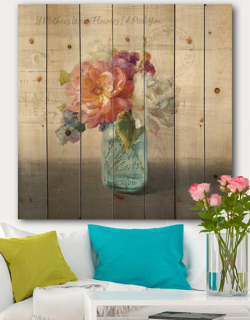 DesignQ French Cottage Bouquet I Mothers - Cottage Print on Natural Pine Wood