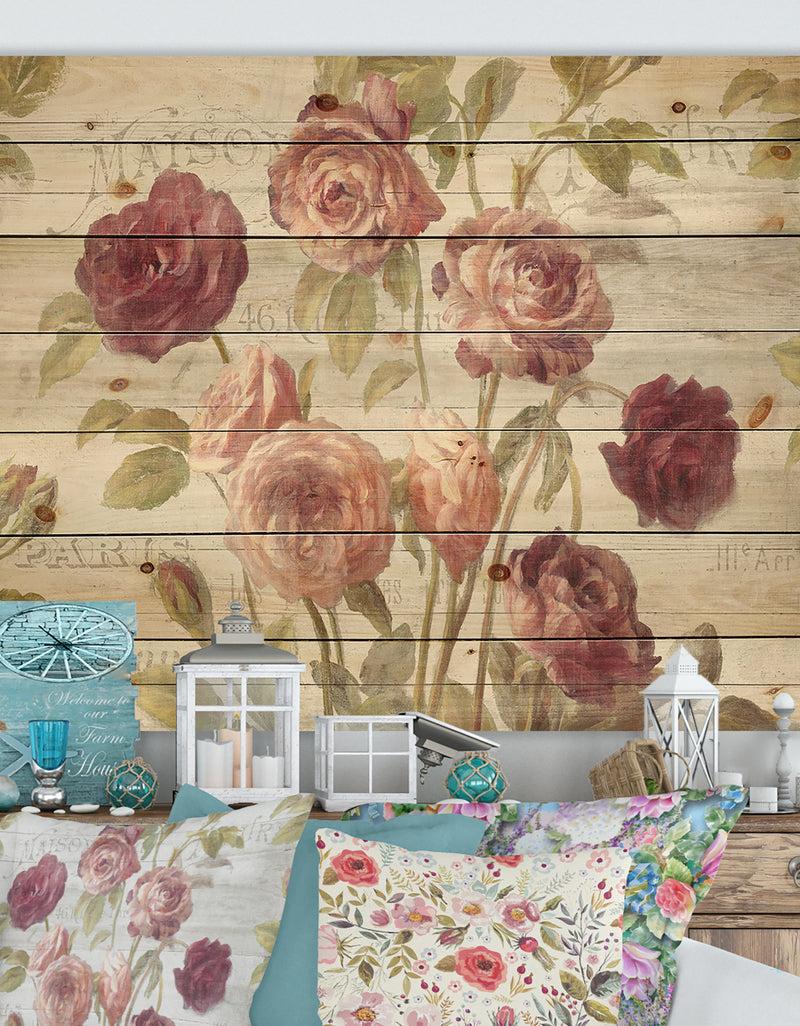 DesignQ French Roses I - Farmhouse Print on Natural Pine Wood