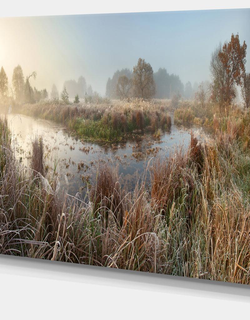 DesignQ Frosty Grass Aside River Panorama - Landscape Print Wall Artwork