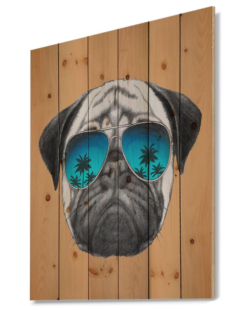 DesignQ Funny Dog With Blue Glasses - Animal Print On Natural Pine Wood