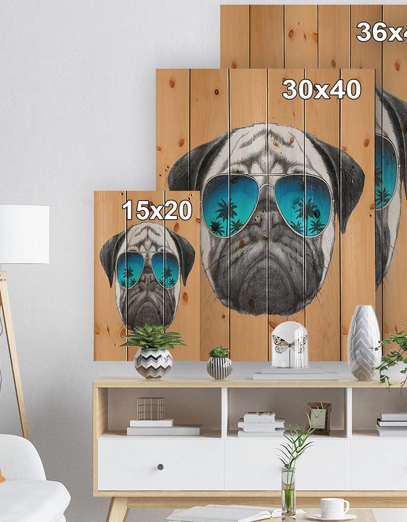 DesignQ Funny Dog With Blue Glasses - Animal Print On Natural Pine Wood