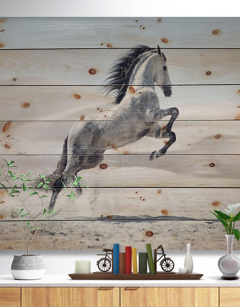 DesignQ Galloping White Horse - Animal Print on Natural Pine Wood