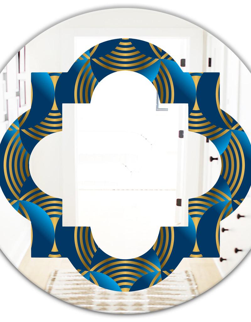 DesignQ Geometric Abstract Waves In Gold And Marine Blue - Modern Round Or Oval Wall Mirror - Quatrefoil