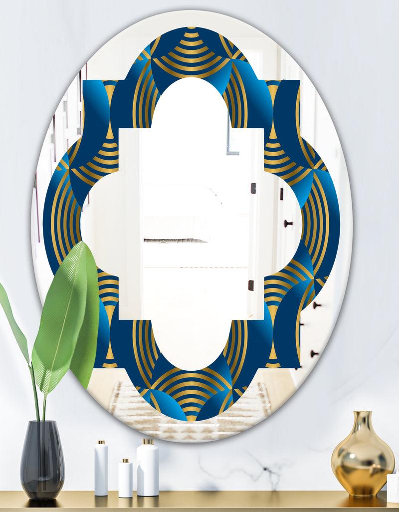 DesignQ Geometric Abstract Waves In Gold And Marine Blue - Modern Round Or Oval Wall Mirror - Quatrefoil