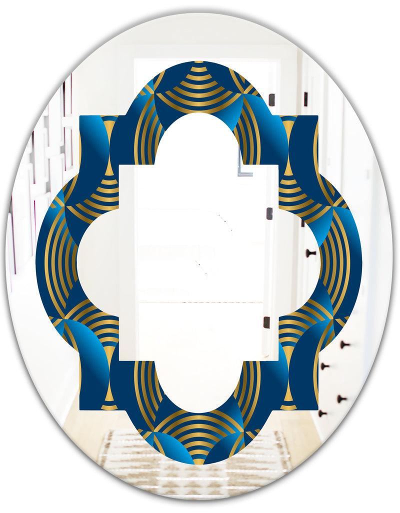 DesignQ Geometric Abstract Waves In Gold And Marine Blue - Modern Round Or Oval Wall Mirror - Quatrefoil