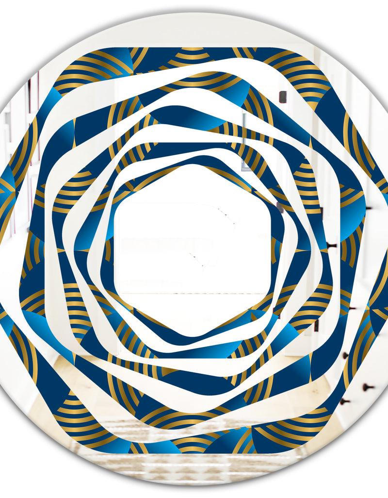 DesignQ Geometric Abstract Waves In Gold And Marine Blue - Modern Round Or Oval Wall Mirror - Whirl