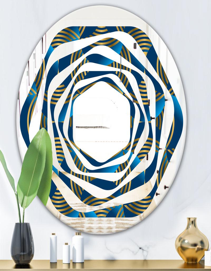 DesignQ Geometric Abstract Waves In Gold And Marine Blue - Modern Round Or Oval Wall Mirror - Whirl