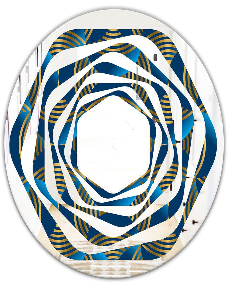 DesignQ Geometric Abstract Waves In Gold And Marine Blue - Modern Round Or Oval Wall Mirror - Whirl