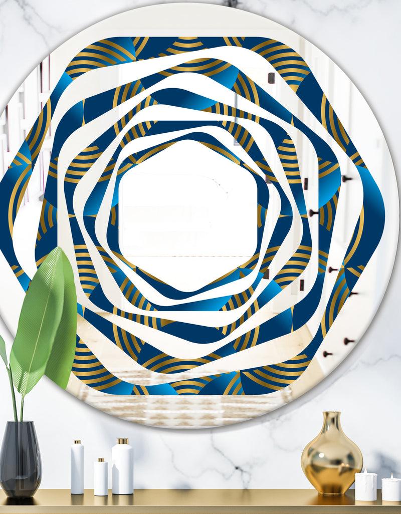 DesignQ Geometric abstract waves in gold and marine blue - Modern Round or Oval Wall Mirror - Whirl