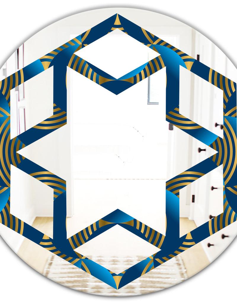 DesignQ Geometric Abstract Waves In Gold And Marine Blue - Modern Round Or Oval Wall Mirror - Hexagon Star