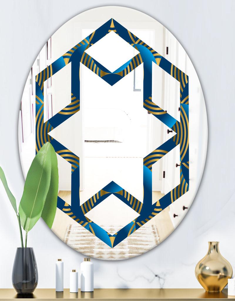DesignQ Geometric Abstract Waves In Gold And Marine Blue - Modern Round Or Oval Wall Mirror - Hexagon Star