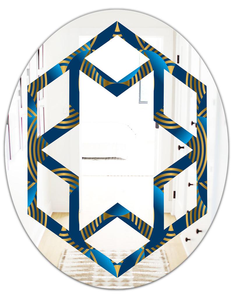 DesignQ Geometric Abstract Waves In Gold And Marine Blue - Modern Round Or Oval Wall Mirror - Hexagon Star